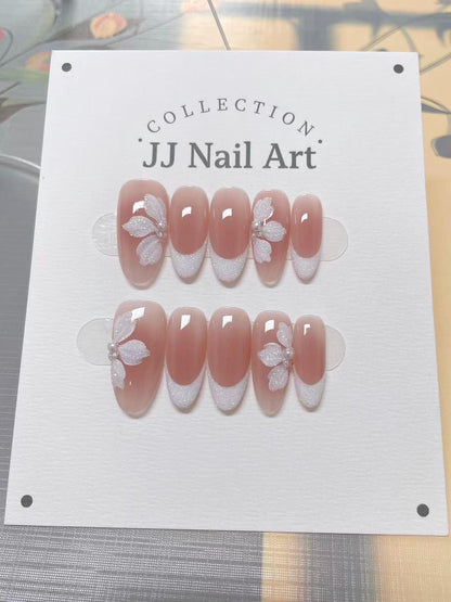 Shinning White Petals French Hand Painted Press On Nails: Custom Shape Reusable Nail Set