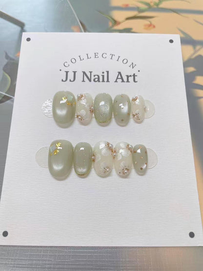 Handmade Jade Cat Eye Pearls Press On Nails: Reusable Set
