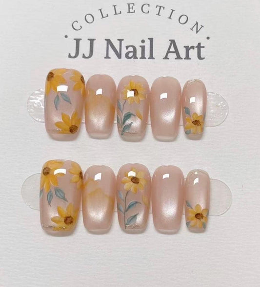 Handmade Sun Flowers Cat Eye Press On Nails: Reusable Set