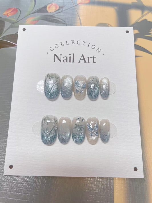 Blue Butterfly Ombre Press On Nails: Hand-Painted Reusable False Nails