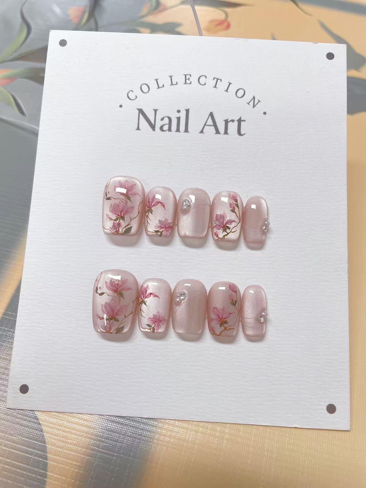 Hand Painted Press On Nails: Pink Flowers Cat Eye, Reusable Faux Nails