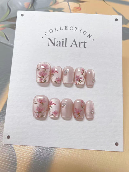Hand Painted Press On Nails: Pink Flowers Cat Eye, Reusable Faux Nails