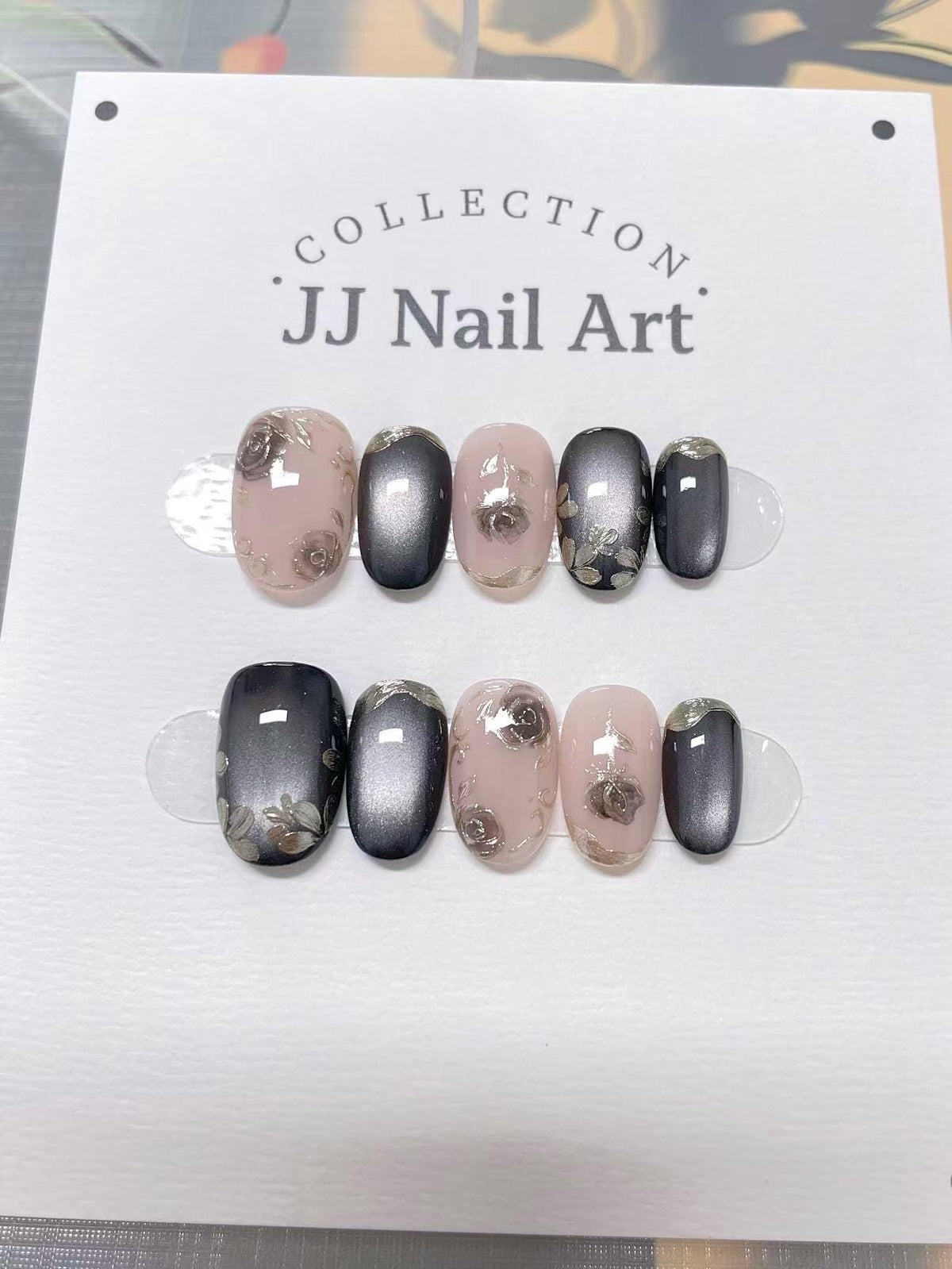 Custom Shape Hand Painted Press On Nails: Cat Eye with Roses Reusable Nail Set