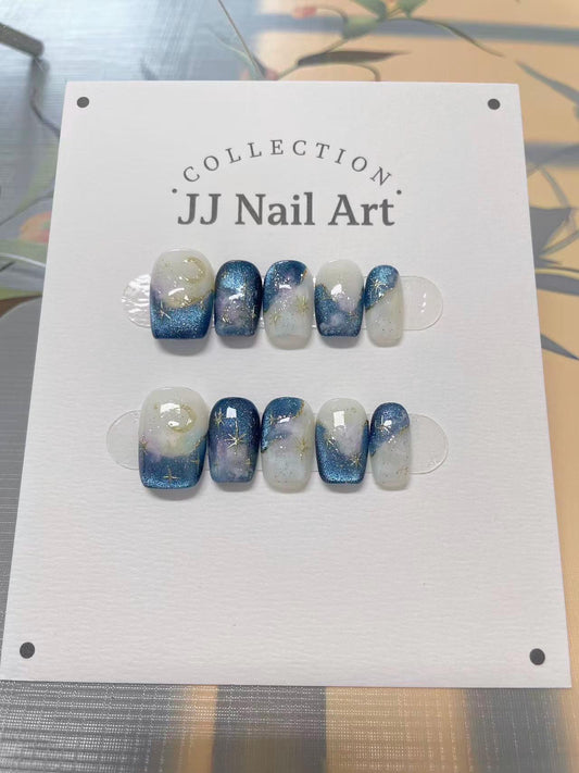 Handmade Blue Sky Cat Eye Press On Nails: Reusable Set