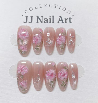 Blooming Pink Flowers Handmade Press On Nails: Reusable Custom Shape Set