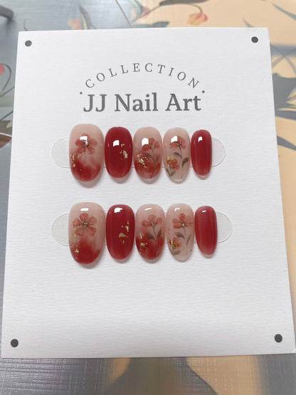 Warm Red Flowers Handmade Press On Nails: Reusable Custom Shape Set