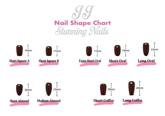 Nail shape chart with various nail shapes and measurements on a white background