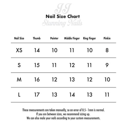 Nail size chart for different finger sizes with measurements