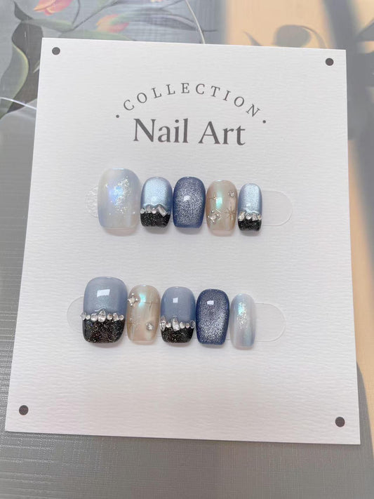 Hand Painted Blue Moissanite Press On Nails: Reusable Gem Faux Nails