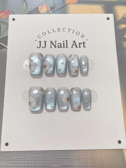 Handmade Blue Cat Eye Petals  Press On Nails: Floral French Reusable Set