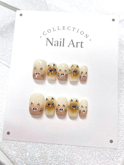 Handmade Kitty Press On Nails - Reusable Faux Nails