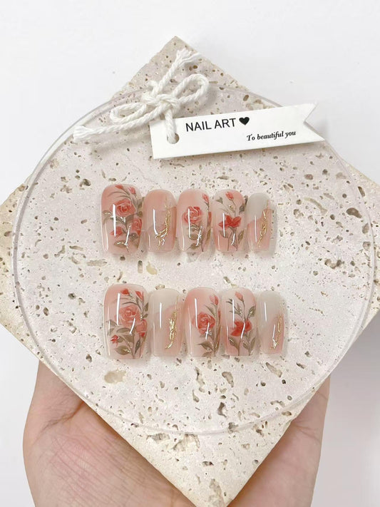 Blomming Flowers Press On Nails: Hand Painted Reusable Faux Nails