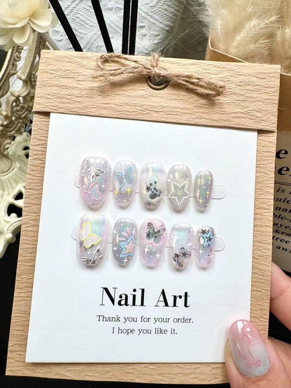 Aurora Butterfly Press On Nails: Hand-Painted Reusable Faux Nails