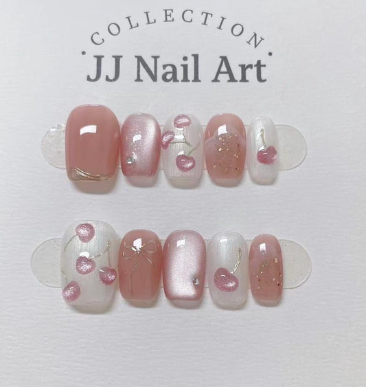 Handmade Pink Cat Eye Cherries Press On Nails: Reusable Nail Set
