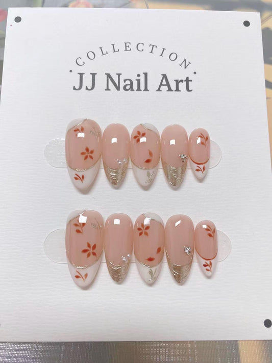 Custom Shape Press On Nails: Red Petals French Tip Hand Painted, Reusable Fake Nails