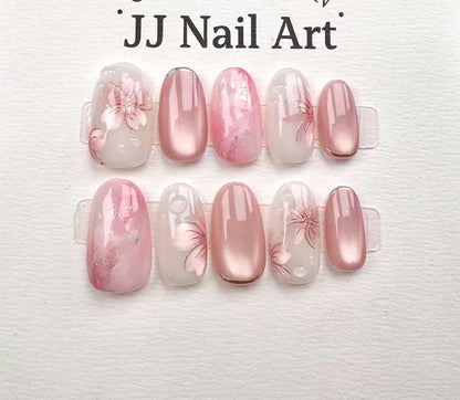 Handmade Pink Smudge Petals Press On Nails: Reusable Custom Shape Set