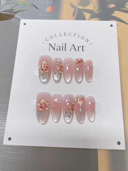 Hand Painted Flowers Cat Eye Press On Nails: Reusable Luxury Faux Nails
