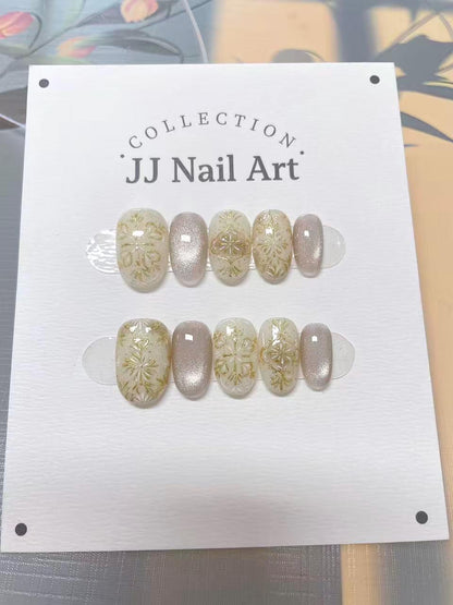 Gold Flowers Cat Eye Hand Painted Press On Nails: Custom Shape Reusable Nail Set