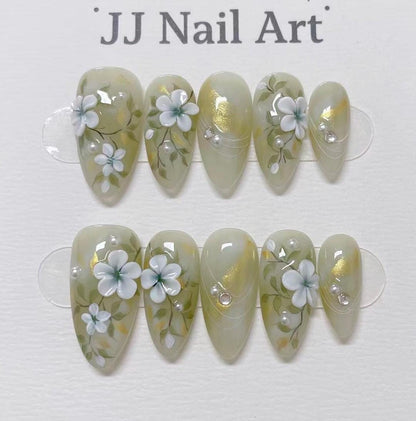 3D Petals Jade Hand Painted Press On Nails: Custom Shape Reusable Nail Set