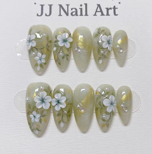 3D Petals Jade Hand Painted Press On Nails: Custom Shape Reusable Nail Set