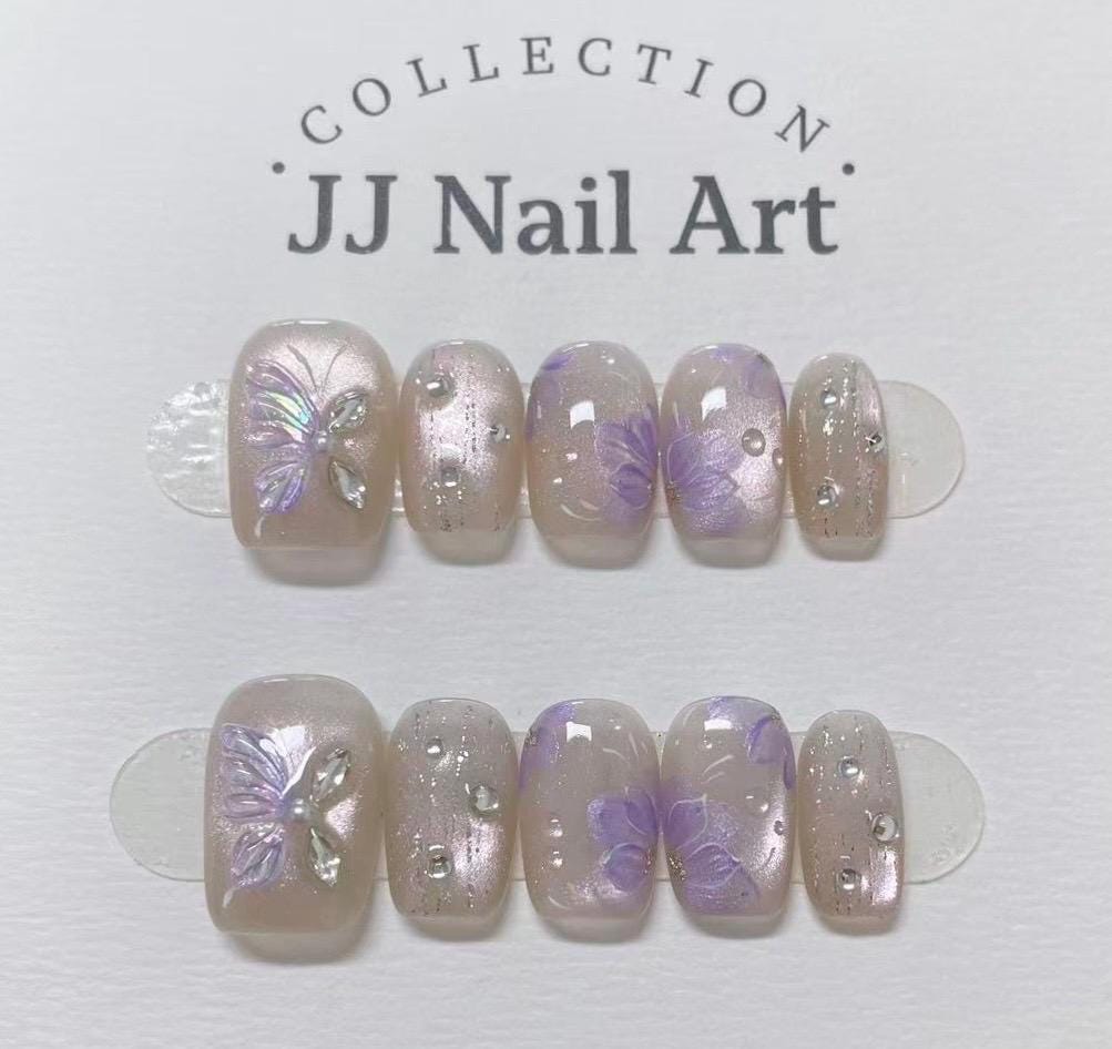 Handmade Purpke Petals Butterflies Cat Eye Press On Nails: Reusable Nail Set