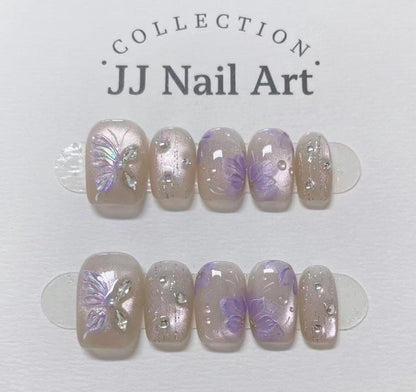 Handmade Purpke Petals Butterflies Cat Eye Press On Nails: Reusable Nail Set
