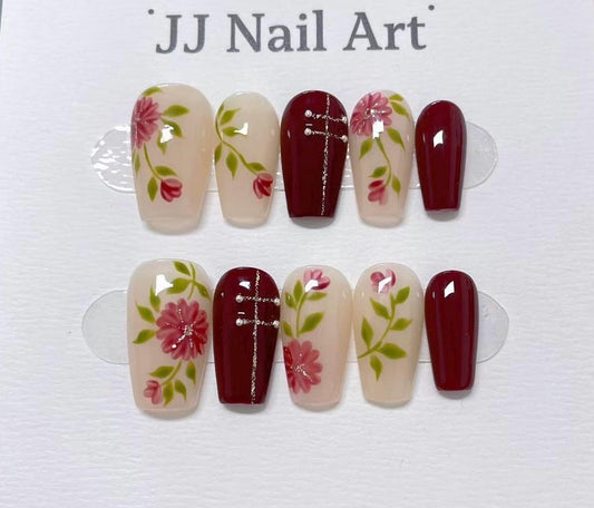 Blooming Flowers Hand Painted Press On Nails: Custom Shape Reusable Nail Set