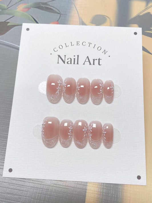 White Petals French Tip Press On Nails: Hand Painted Reusable Faux Nails