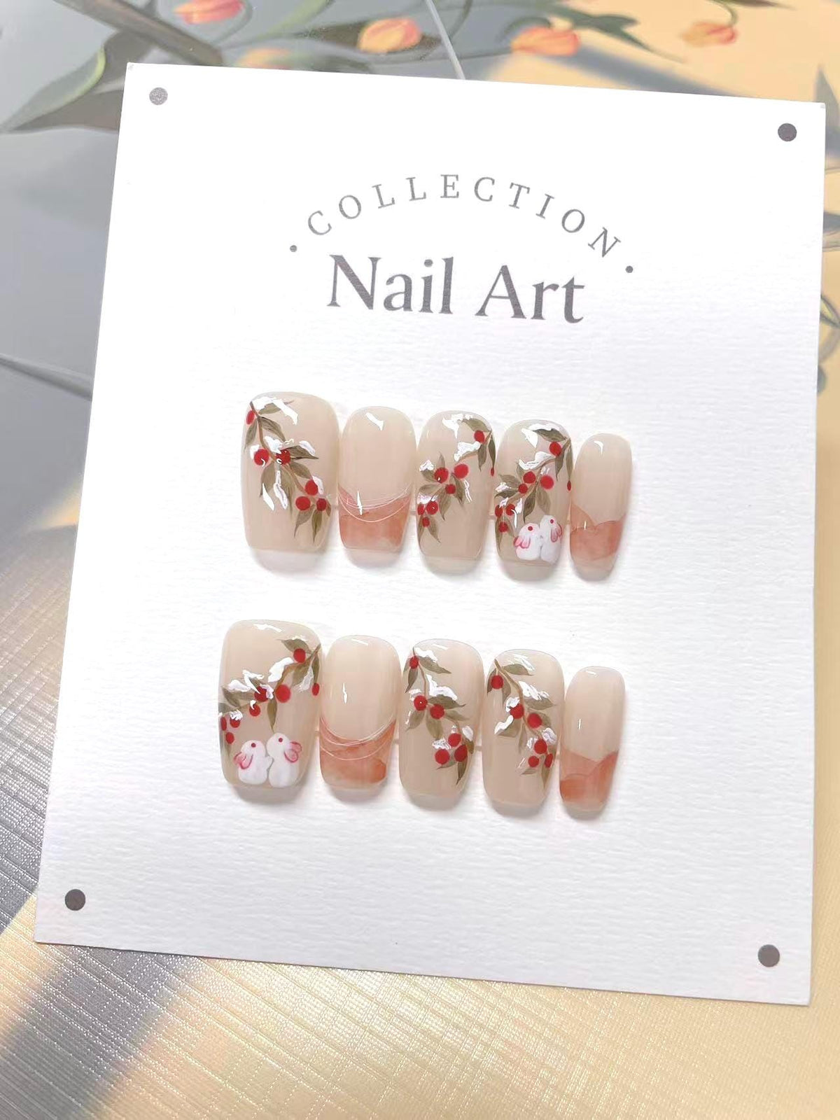 Hand Painted Winter Bunny Press On Nails: Reusable Faux Nails