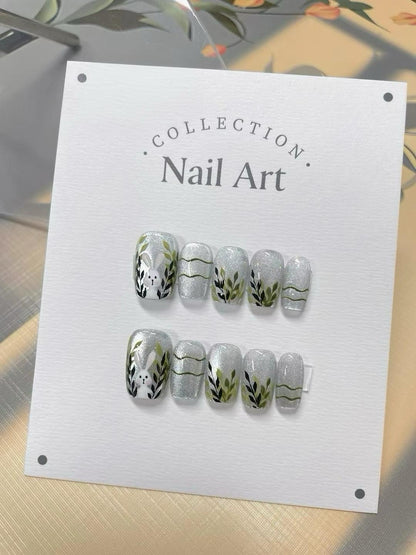 Bunny Cat Eye Press On Nails: Hand Painted Reusable Faux Nails