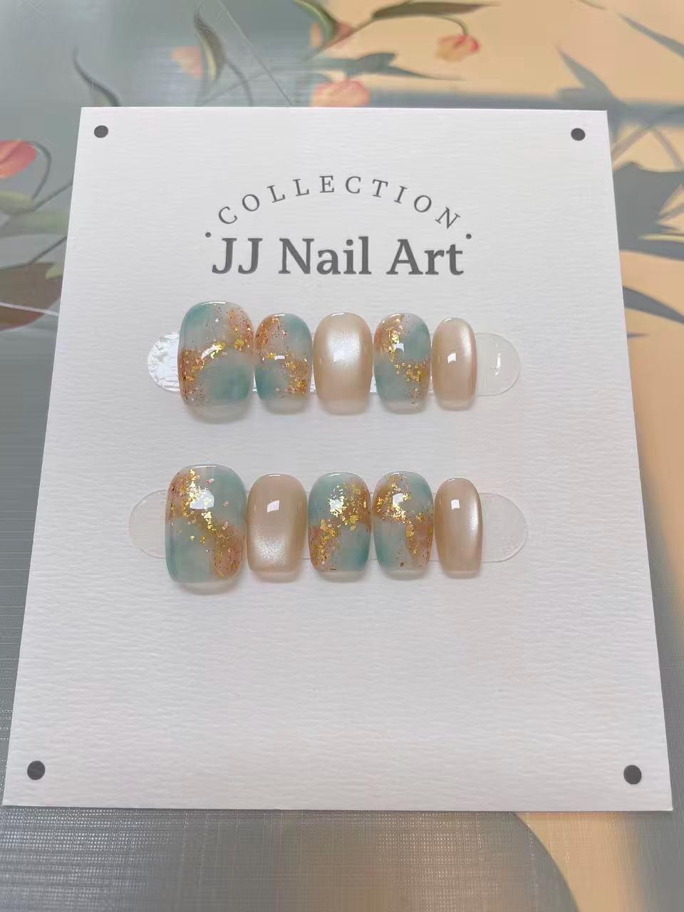 Handmade Green Gold Smudge Cat Eye Press On Nails: Reusable Set