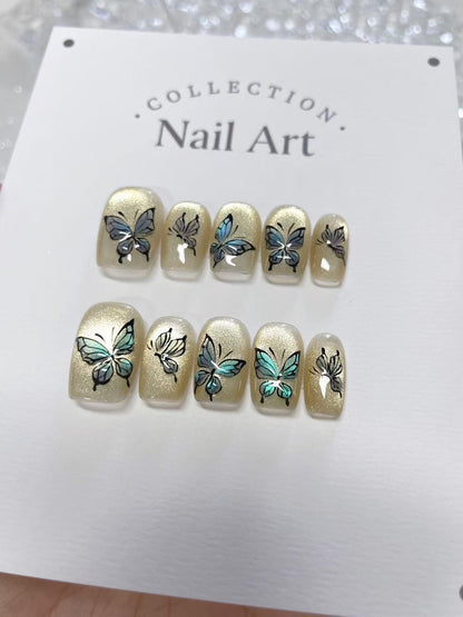 Butterfly Cat Eye Press On Nails: Hand Painted Reusable Faux Nails