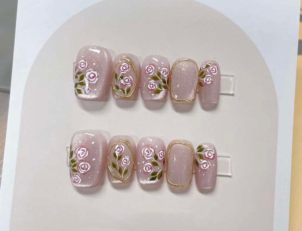 Handmade Pink Rose Cat Eye Press On Nails: Reusable Coquette Faux Nails