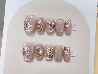 Handmade Pink Rose Cat Eye Press On Nails: Reusable Coquette Faux Nails