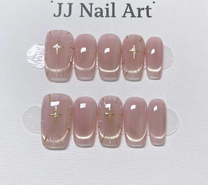 Custom Shape Hand Painted Press On Nails: Cat Eye with Cross Reusable Nail Set