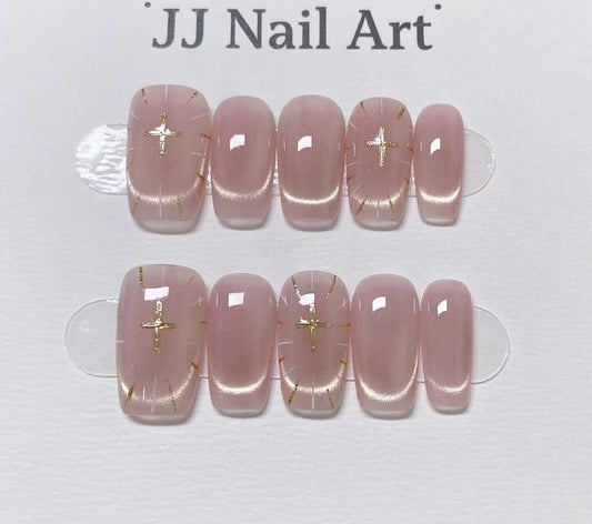 Custom Shape Hand Painted Press On Nails: Cat Eye with Cross Reusable Nail Set