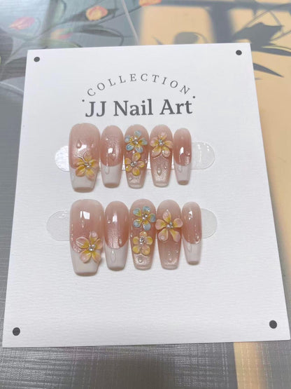 Colorful Petals French Hand Painted Press On Nails: Custom Shape Reusable Nail Set