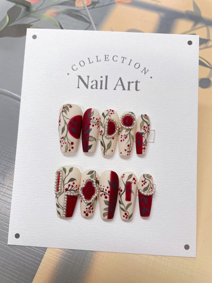Handmade Red Floral Press On Nails: Elegant Artist Faux Nails