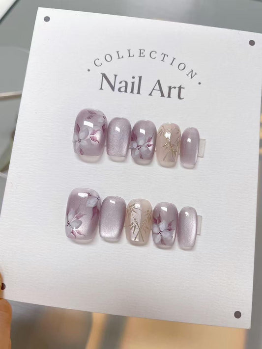 Hand Painted Press On Nails: Blooming Flowers, Bamboo Design
