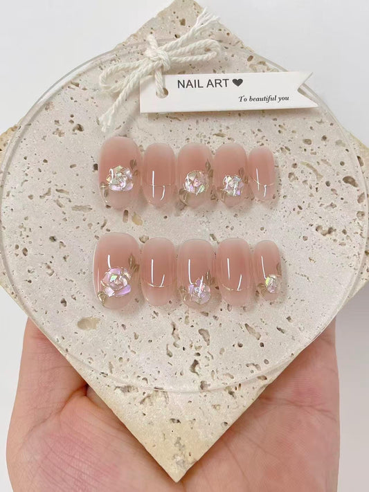 Handmade Pearlescent Flowers Press On Nails: Reusable Set