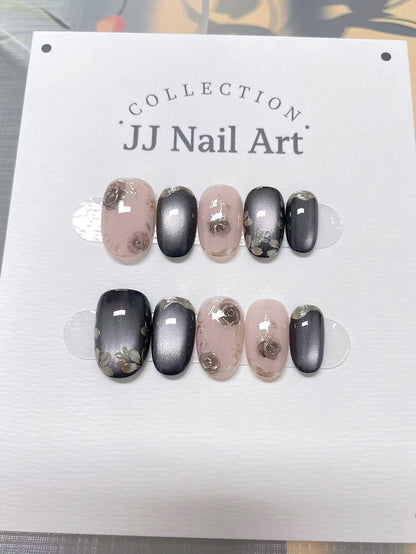 Custom Shape Hand Painted Press On Nails: Cat Eye with Roses Reusable Nail Set