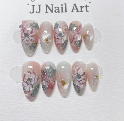 Hand-Painted Lotus French Cat Eye Press On Nails: Reusable Custom Set