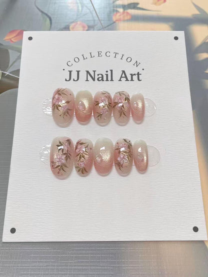 Handmade 3D Pink Flowers Cat Eye Petals  Press On Nails: Reusable Set