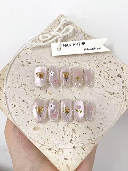 Hand Painted Bear Flower Press On Nails, Reusable Faux Nails