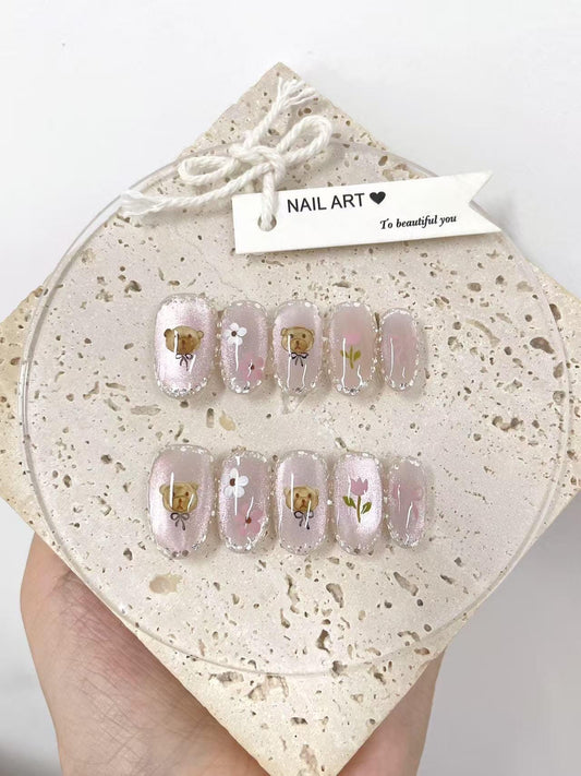 Hand Painted Bear Flower Press On Nails, Reusable Faux Nails