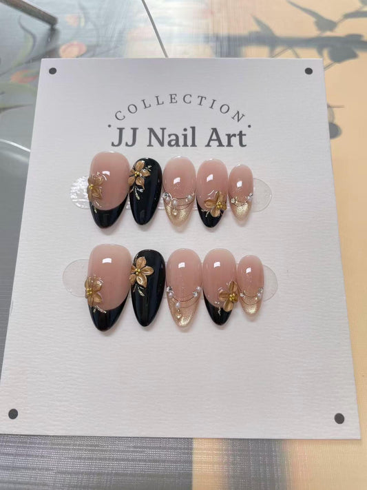 Hand Painted Gold Petals Press On Nails: Custom Shape Reusable Set