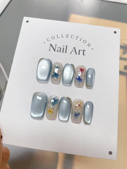 Beach Flowers Press On Nails: Hand Painted Reusable Faux Nails
