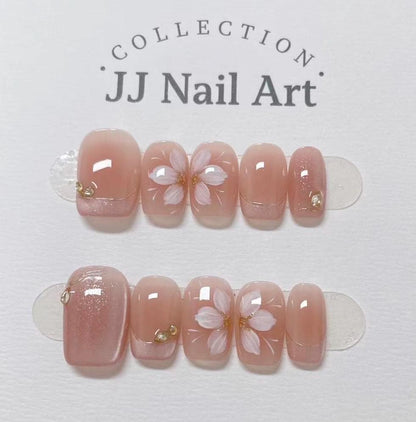 Handmade Pink French Petals Cat Eye Press On Nails: Reusable Nail Set