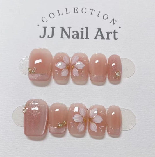 Handmade Pink French Petals Cat Eye Press On Nails: Reusable Nail Set