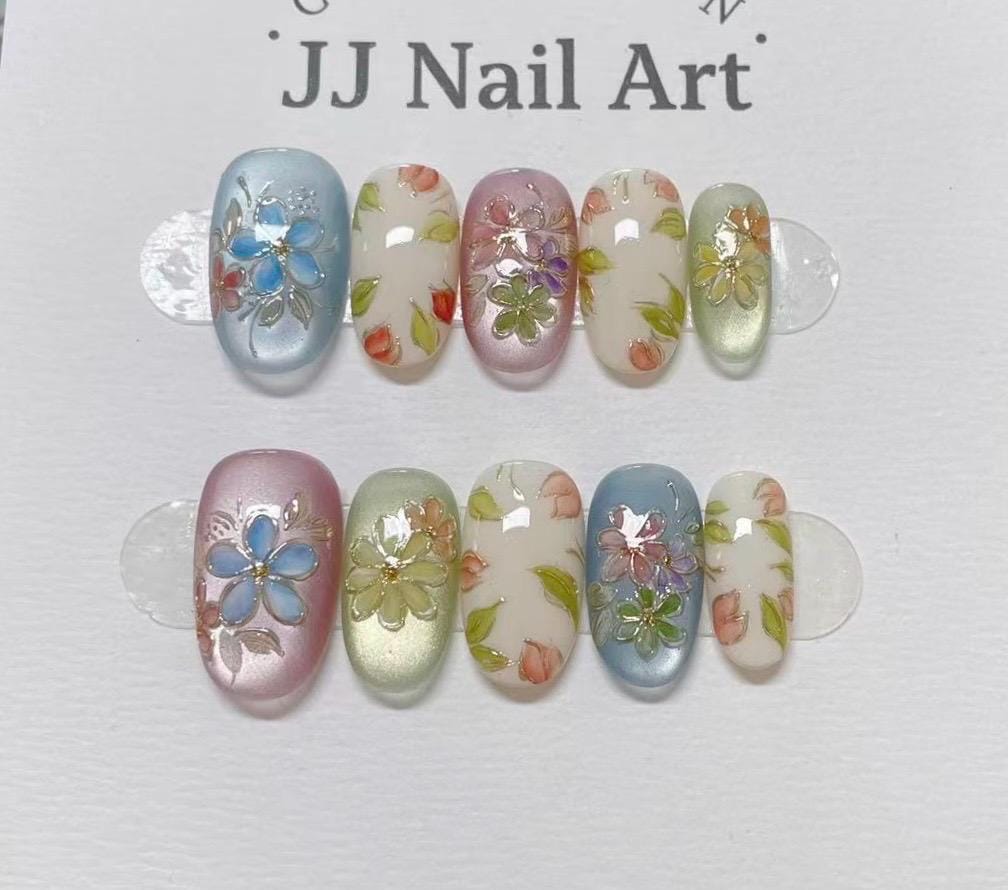 Colorful Petals Press On Nails: Custom Shape Reusable Set